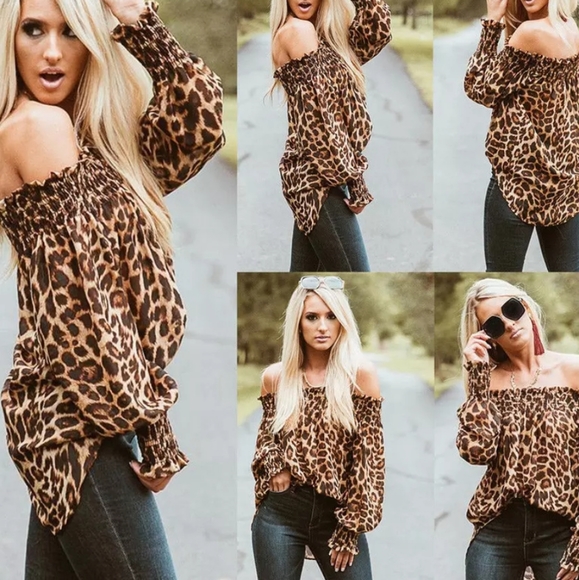 LEOPARD PRINT OFF SHOULDER BLOUSE - Picture 2 of 6